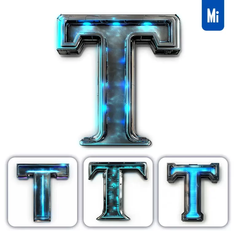 midjourney prompt T letter cyberpunk steel technology futuristic 3D blue