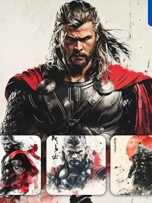 Midjourney Prompt Thor Marvel Comics Front Portrait Chinese Ink Painting Brush Strokes Pose Traditional Artistic Monochrome