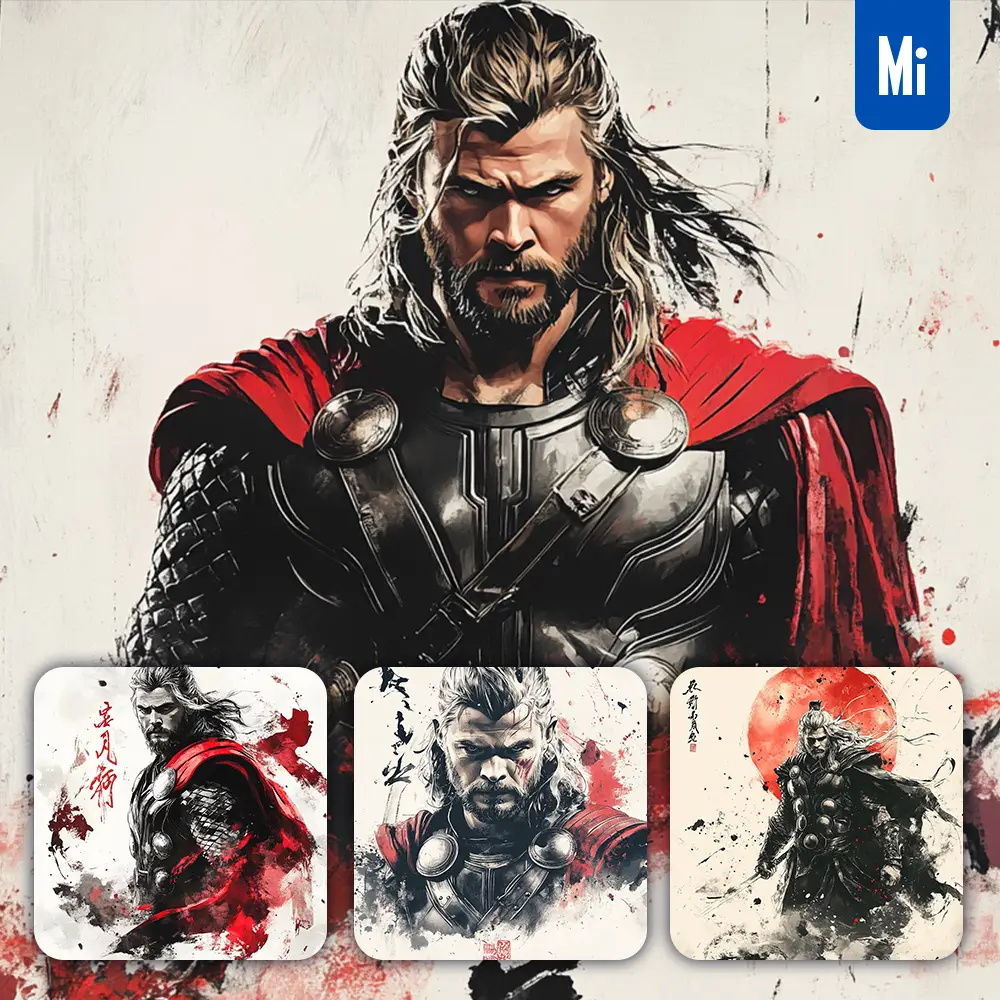 Midjourney Prompt Thor Marvel Comics Front Portrait Chinese Ink Painting Brush Strokes Pose Traditional Artistic Monochrome