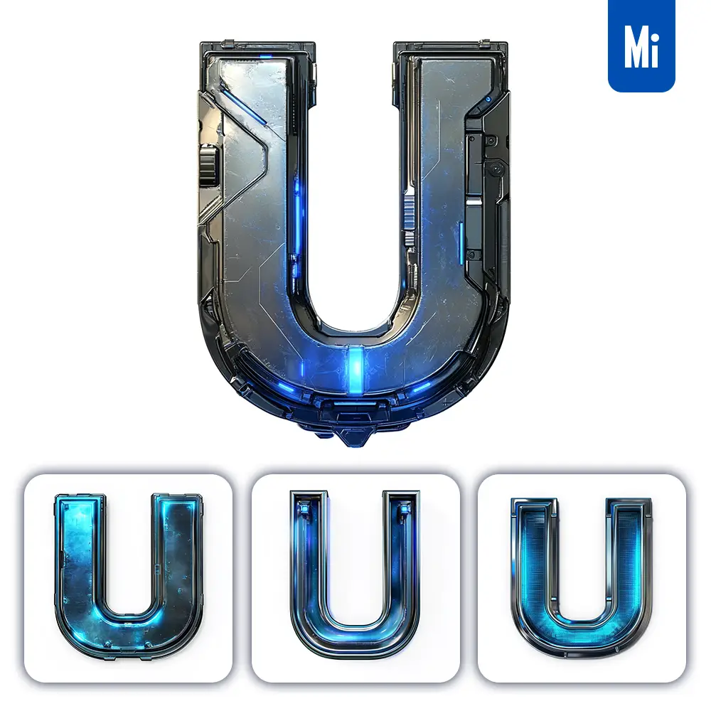 midjourney prompt U letter cyberpunk steel technology futuristic 3D blue