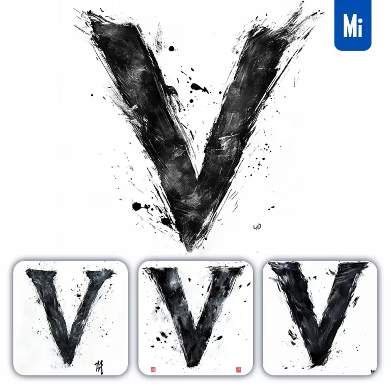 midjourney prompt V letter black white Chinese ink brushstroke calligraphy brush painting