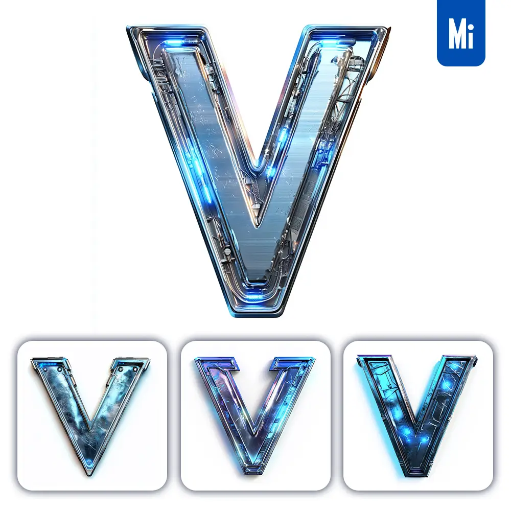 midjourney prompt V letter cyberpunk steel technology futuristic 3D blue