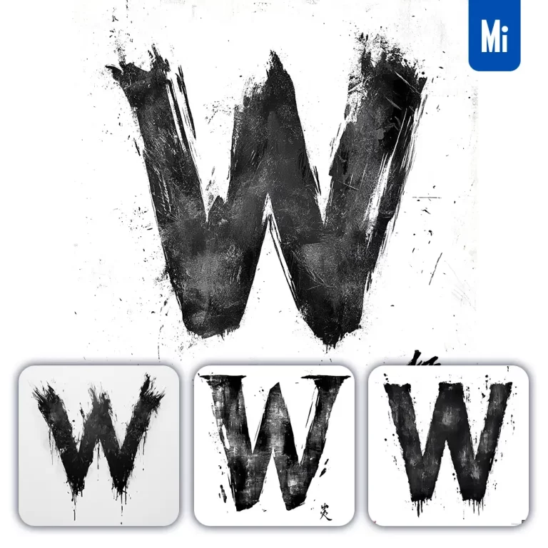 midjourney prompt W letter black white Chinese ink brushstroke calligraphy brush painting