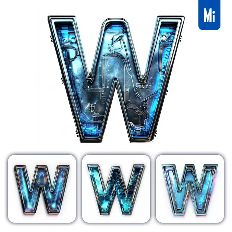midjourney prompt W letter cyberpunk steel technology futuristic 3D blue
