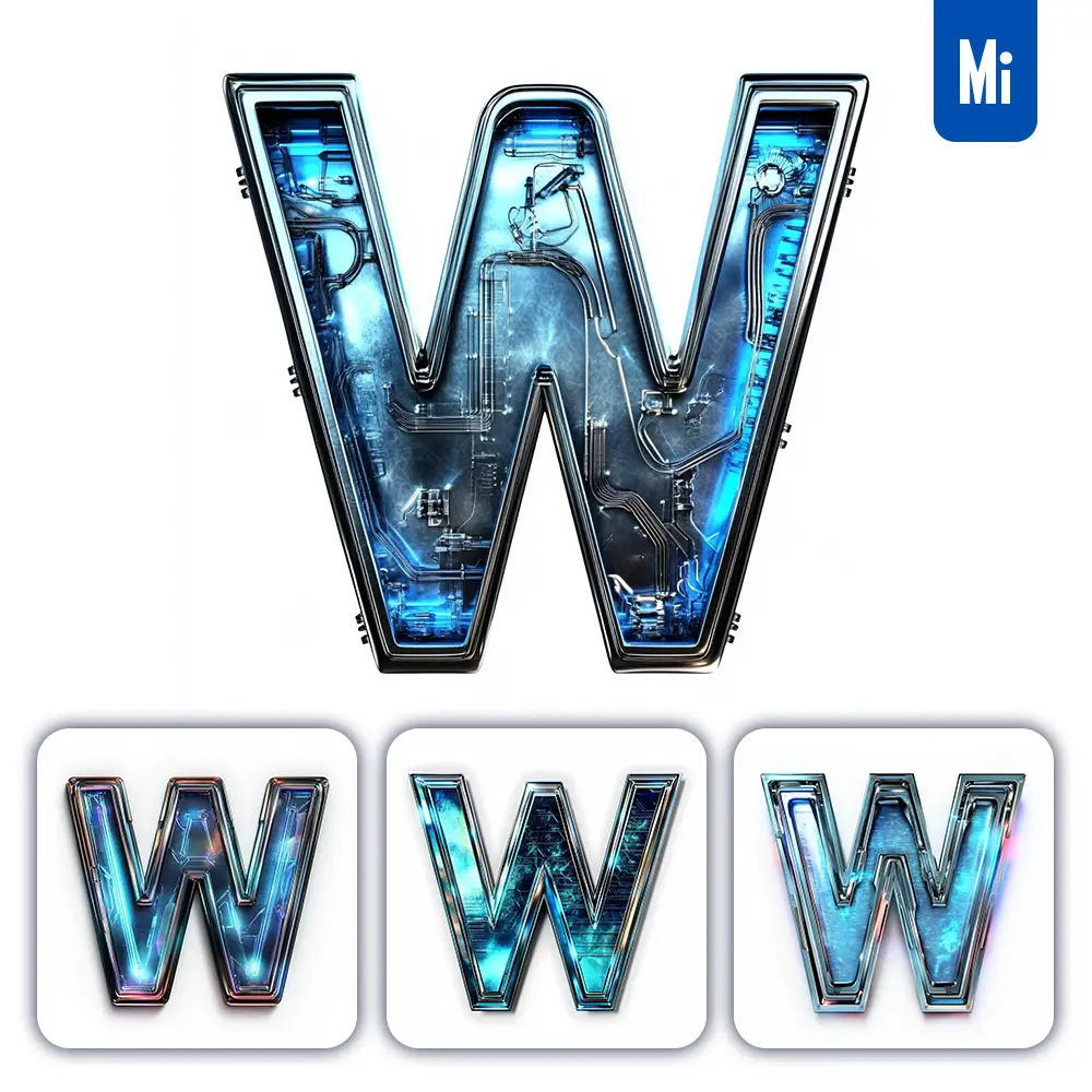 midjourney prompt W letter cyberpunk steel technology futuristic 3D blue