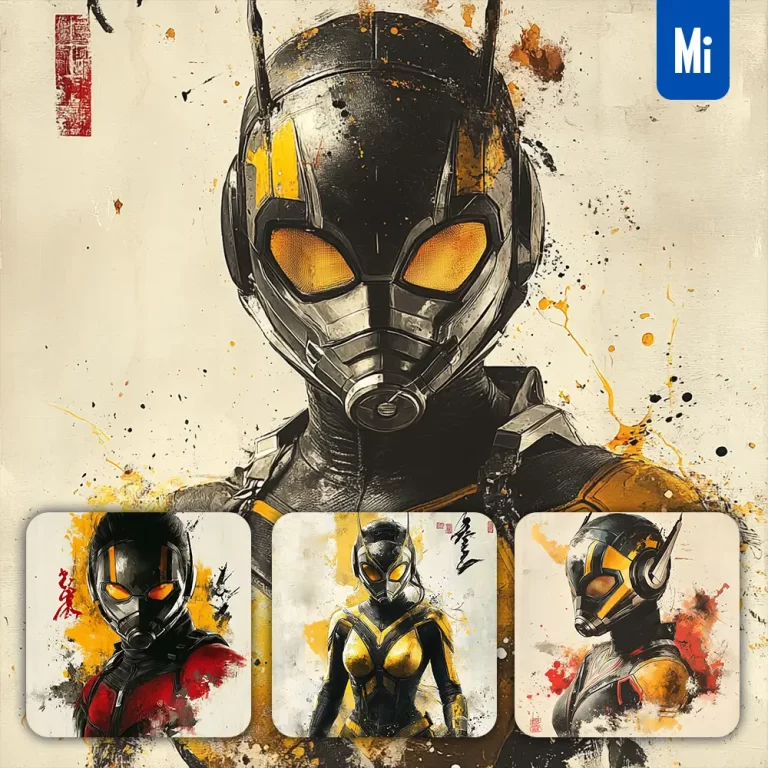 midjourney prompt Wasp Marvel Comics front portrait Chinese ink painting brush strokes pose traditional artistic monochrome