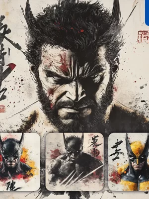 Midjourney Prompt Wolverine Marvel Comics Front Portrait Chinese Ink Painting Brush Strokes Pose Traditional Artistic Monochrome