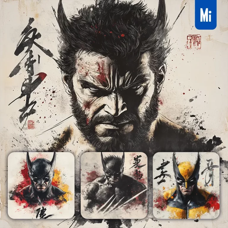 midjourney prompt Wolverine Marvel Comic front portrait Chinese ink painting brush strokes pose traditional artistic monochrome