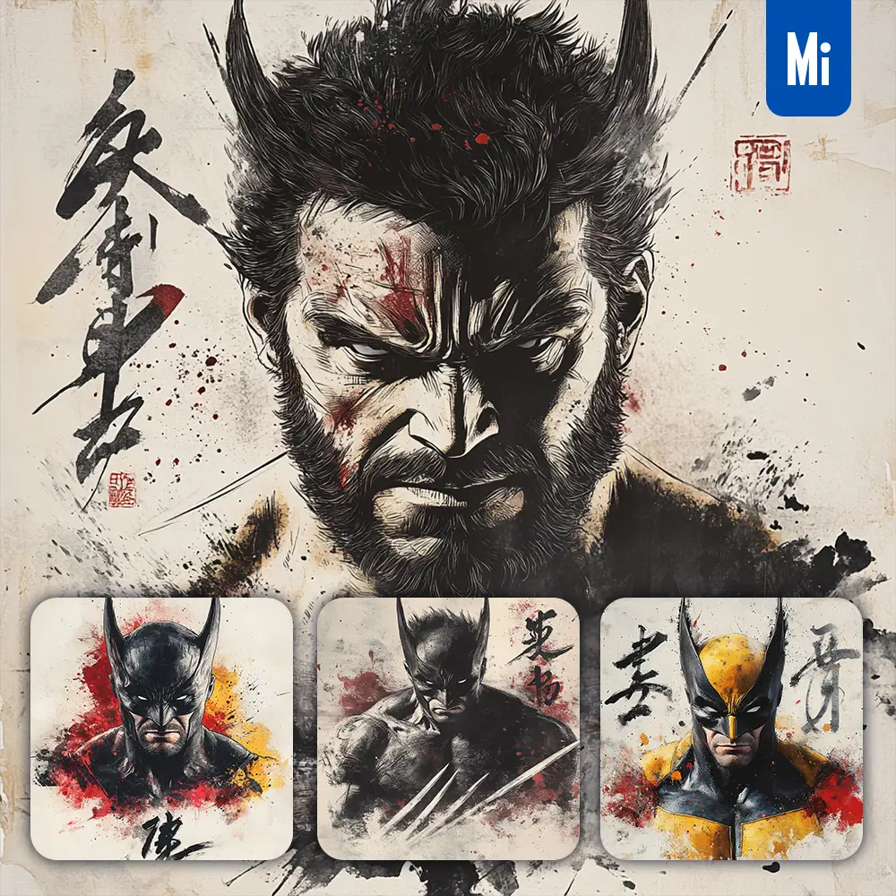 Midjourney Prompt Wolverine Marvel Comics Front Portrait Chinese Ink Painting Brush Strokes Pose Traditional Artistic Monochrome