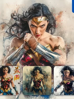 Midjourney Prompt Wonder Woman Dc Comics Front Portrait Chinese Ink Painting Brush Strokes Pose Traditional Artistic Monochrome