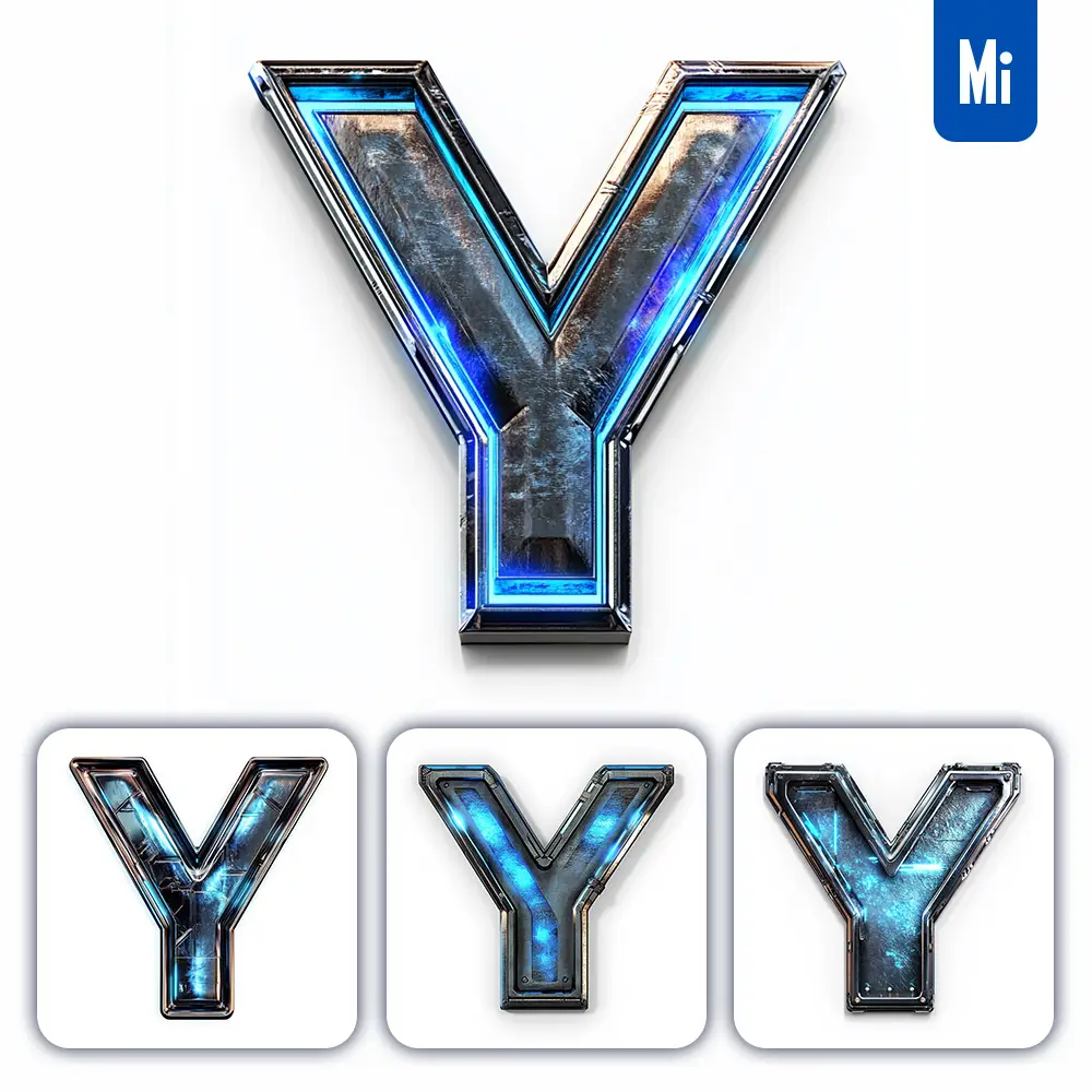 midjourney prompt Y letter cyberpunk steel technology futuristic 3D blue