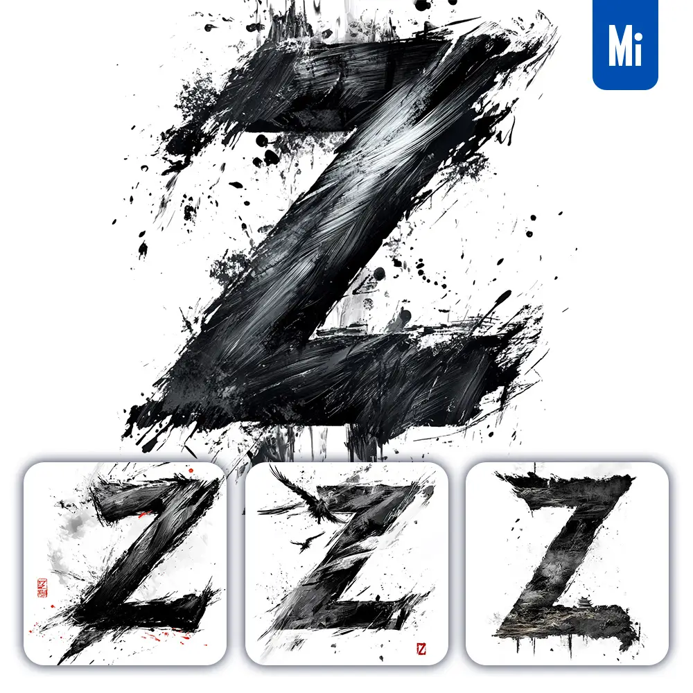 midjourney prompt Z letter black white Chinese ink brushstroke calligraphy brush painting