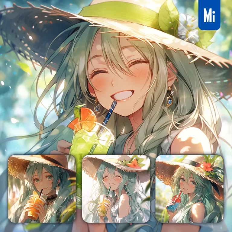 midjourney prompt beautiful girl happy summer hat drink juice animation