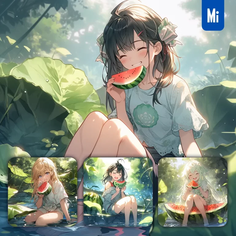 midjourney prompt beautiful girl sit happy summer watermelon animation