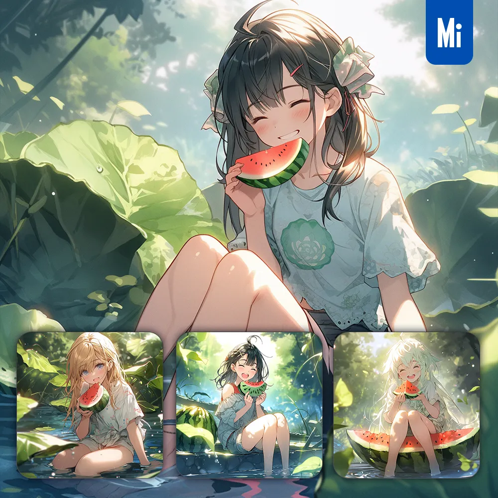 midjourney prompt beautiful girl sit happy summer watermelon animation