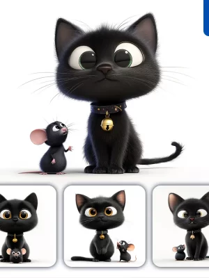 Midjourney Prompt Black Cartoon 3d Cat Mouse Animation Cute Eyes