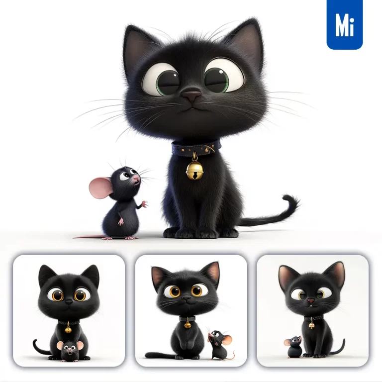 midjourney prompt black cartoon 3D cat mouse animation cute eyes