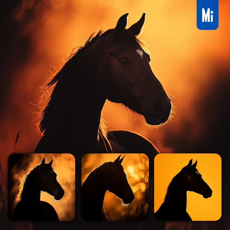 midjourney prompt black horse side head orange yellow silhouette photography