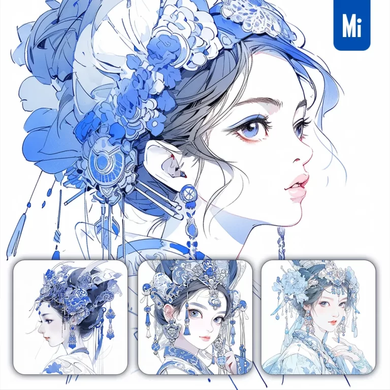 midjourney prompt blue girl woman Tibetan earring headgear painting illustration