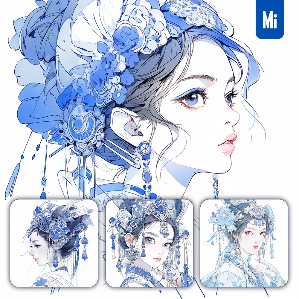 midjourney prompt blue girl woman Tibetan earring headgear painting illustration