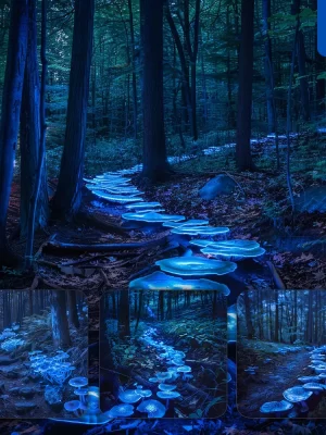 Midjourney Prompt Blue Mushroom Forest Path Woods Fantasy Photography