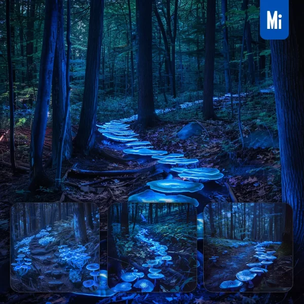 Midjourney Prompt Blue Mushroom Forest Path Woods Fantasy Photography