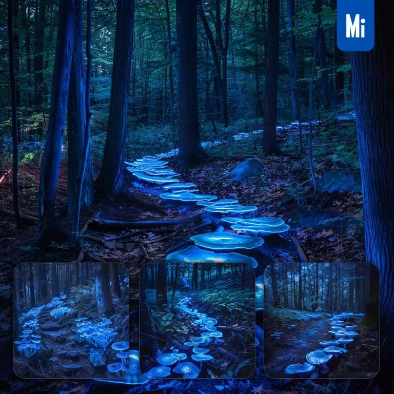 midjourney prompt blue mushroom forest path woods fantasy photography