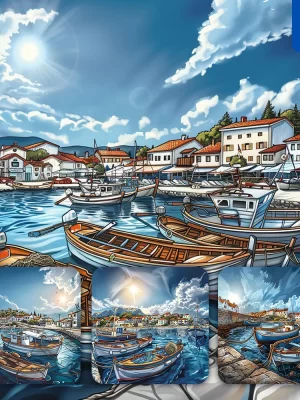 Midjourney Prompt Boat Fishing Village Sea Harbor House Dock Landscape Illustration