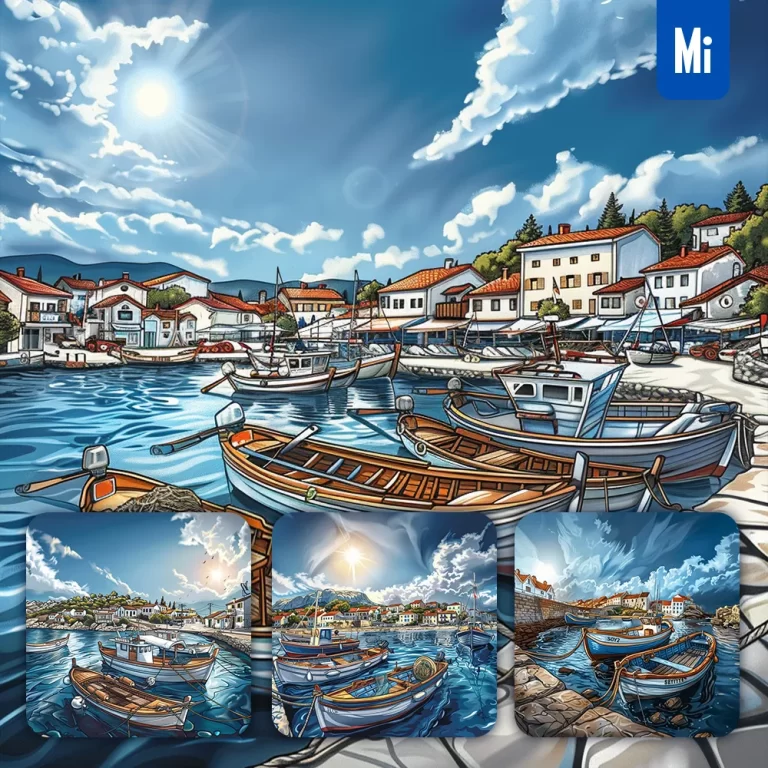 midjourney prompt boat fishing village sea harbor house dock landscape illustration