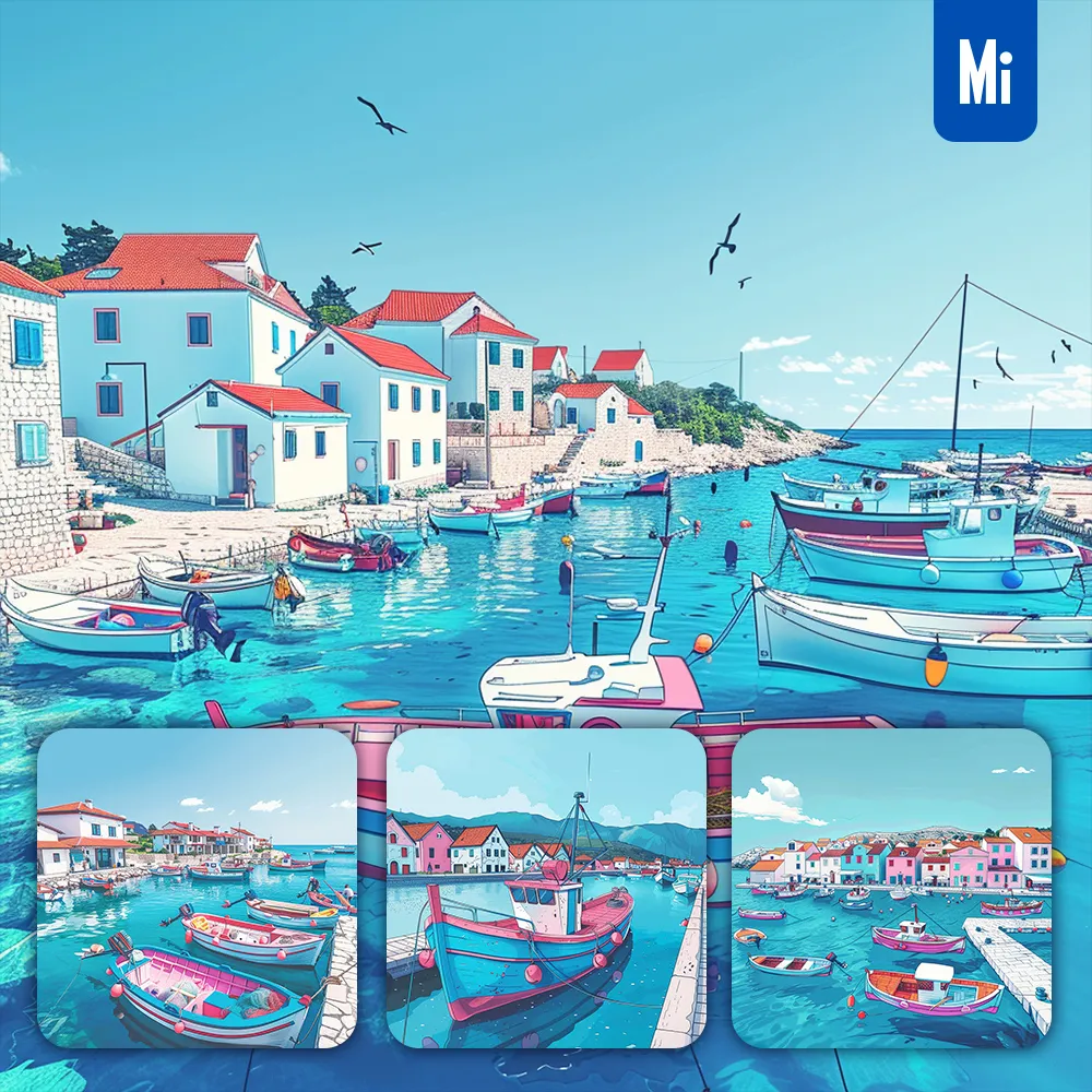 Midjourney Prompt Boat Sea House Fishing Village Dock Blue Landscape Illustration