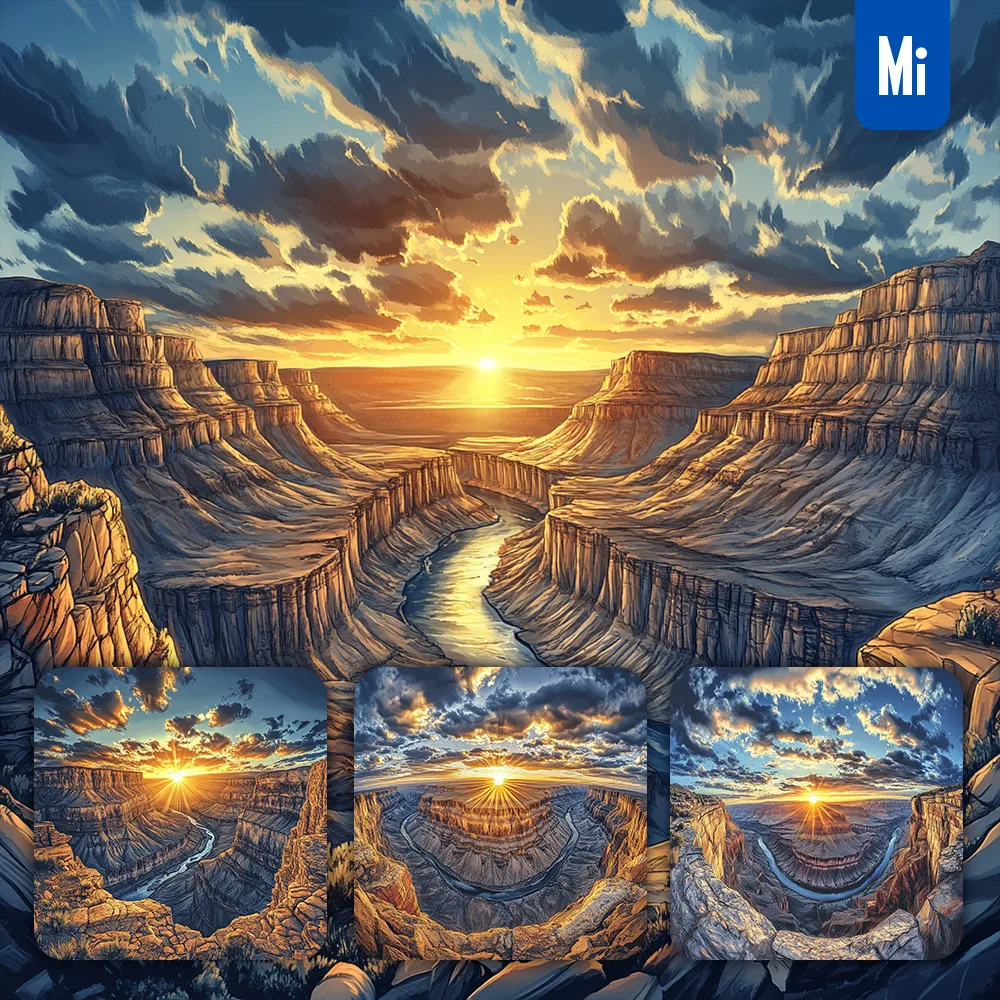 Midjourney Prompt Canyon Sunset Horizontal Landscape Illustration