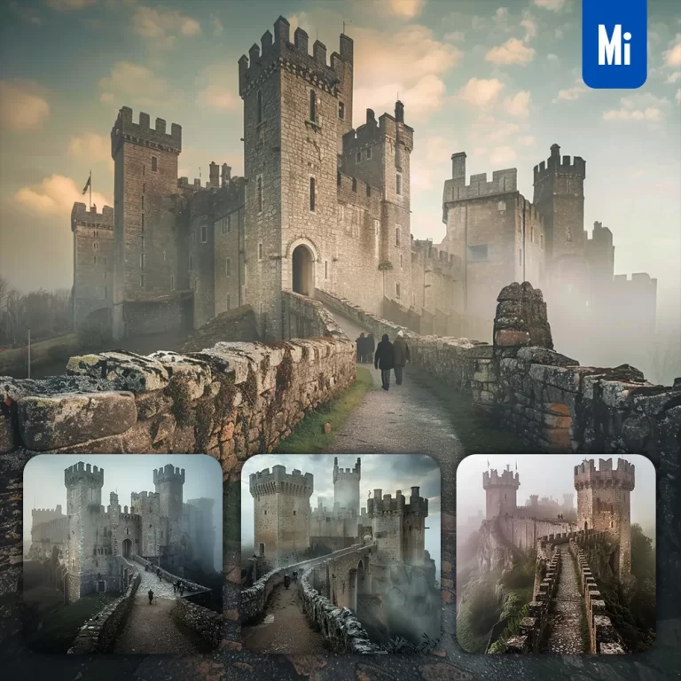 midjourney prompt castle hill stone wall tower mist drawbridge landscape photography