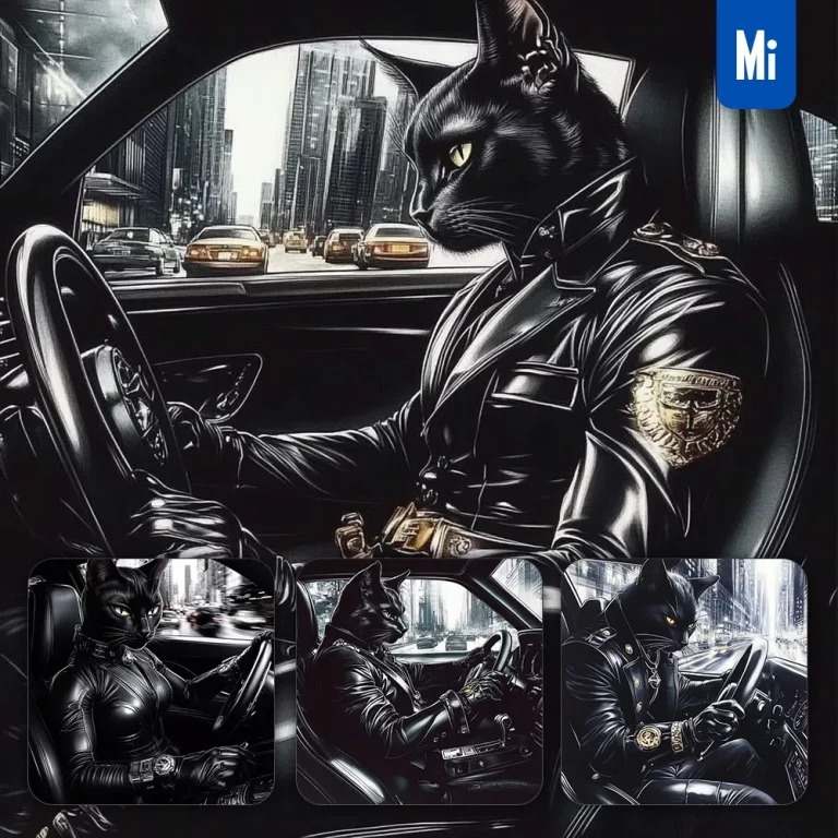 midjourney prompt cat car street driving windshield black painting