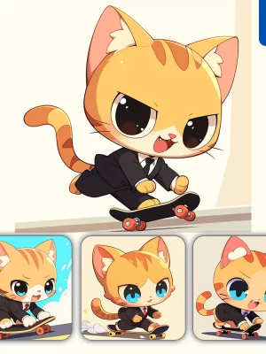 Midjourney Prompt Cat Cute Cartoon Suit Skateboard Illustration Orange Animation Comics