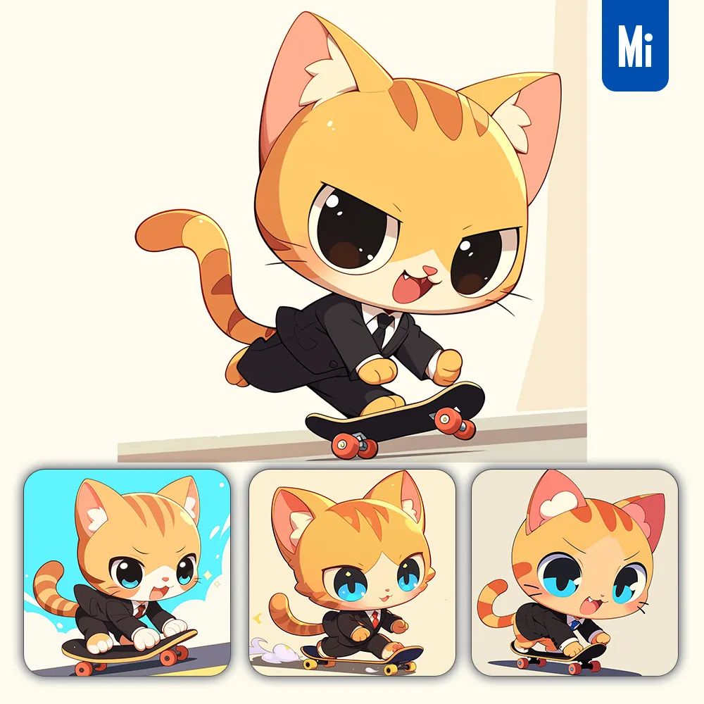 Midjourney Prompt Cat Cute Cartoon Suit Skateboard Illustration Orange Animation Comics