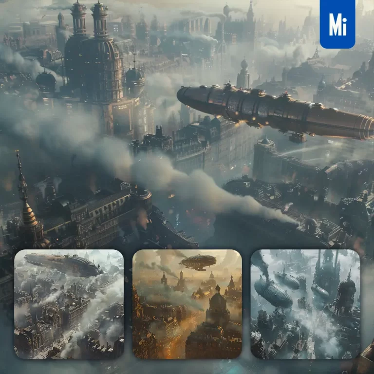 midjourney prompt city sky airship smoke fog steam industrial empire building