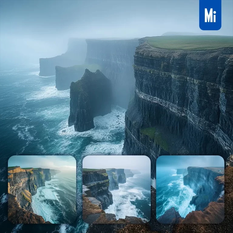 midjourney prompt cliff Moher Ireland misty ocean rock wave landscape photography