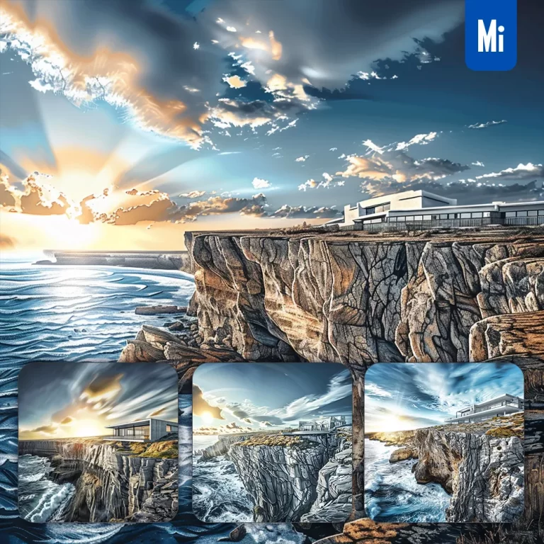 midjourney prompt coast villa cliffside ocean wave landscape illustration