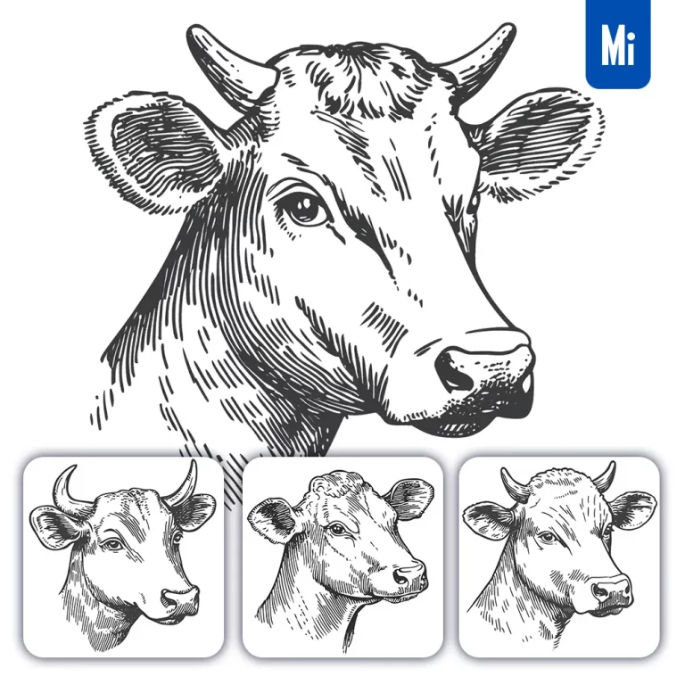 midjourney prompt cow head face black and white lines vector drawing illustration