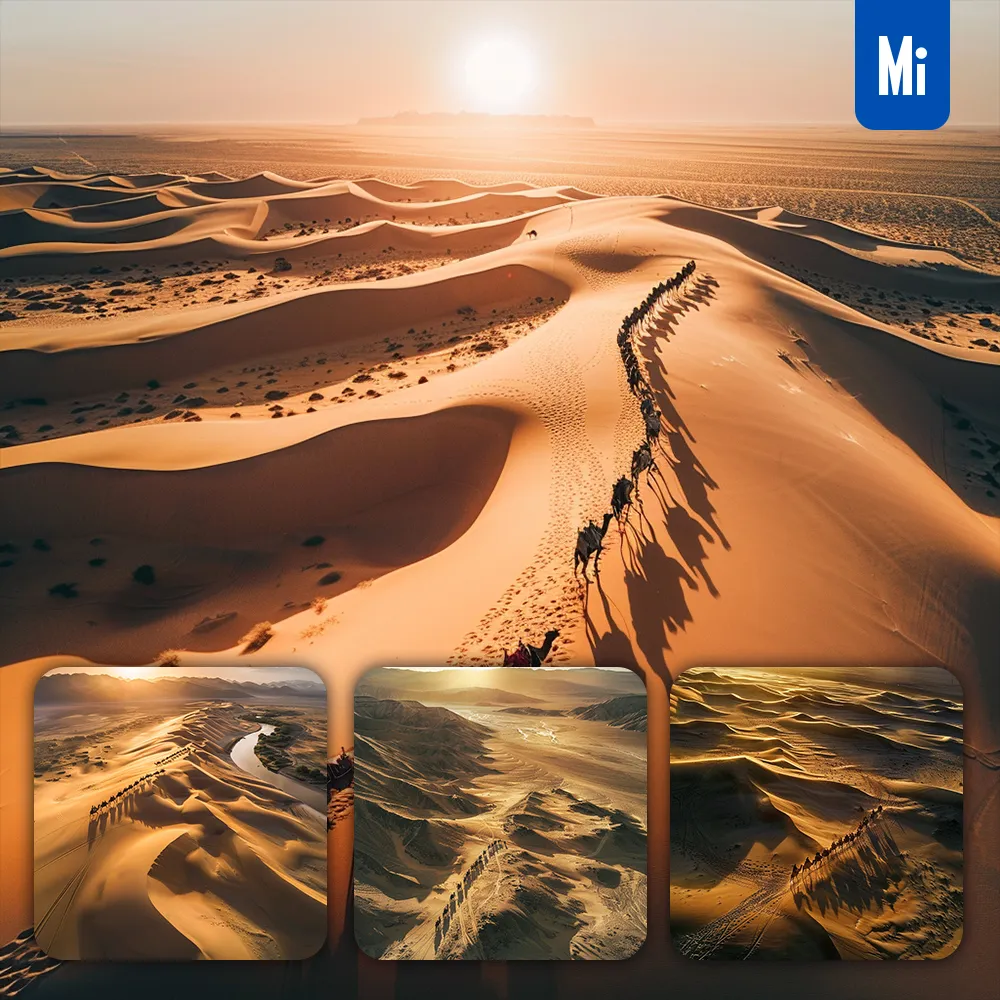 Midjourney Prompt Desert Sand Dune Sunlight Camel Landscape Photography