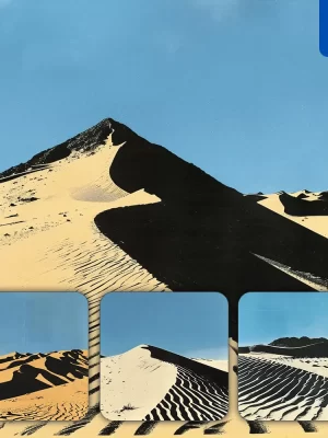 Midjourney Prompt Desert Sand Dune Textured Blue Sky Illustration Painting Woodcut