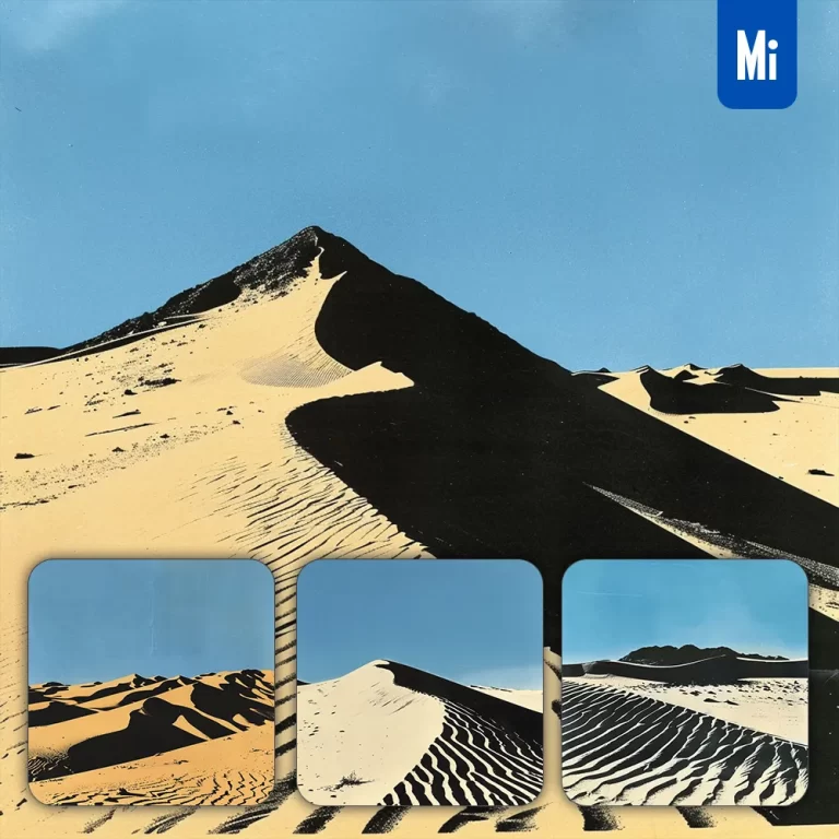 midjourney prompt desert sand dune textured blue sky illustration painting woodcut