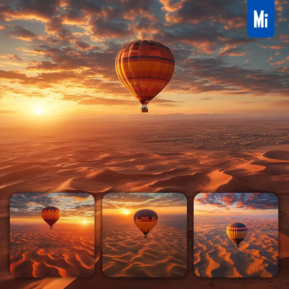 Midjourney Prompt Desert Sun Hot Air Balloon Desert Sand Dune Sunset Sky Landscape Photography