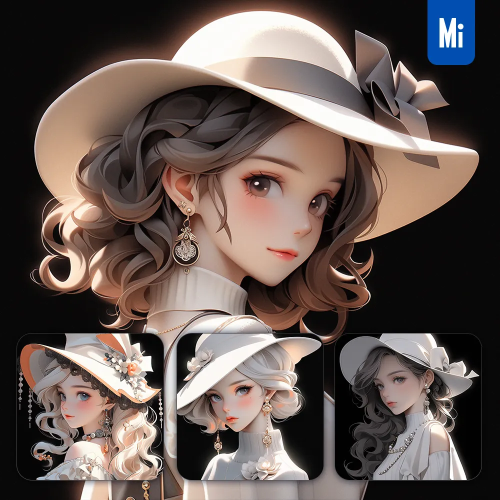midjourney prompt fashion hat white girl 3D rendering cartoon beautiful