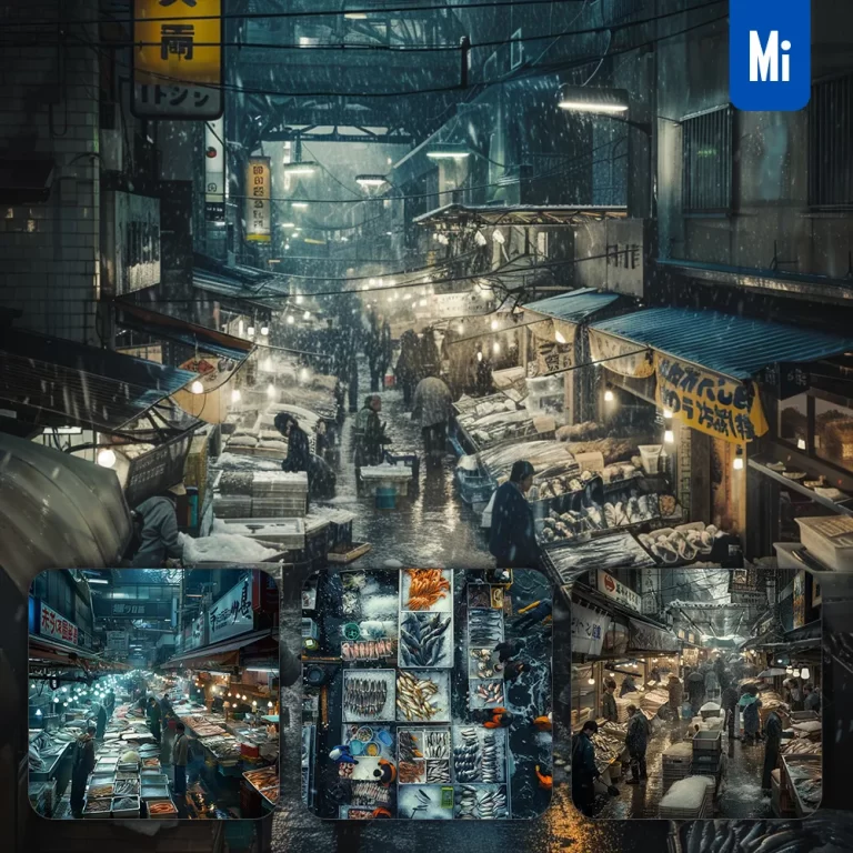midjourney prompt fish market Japanese Tokyo seafood fishermen photography