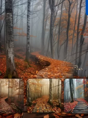 Midjourney Prompt Foggy Forest Autumn Leaves Mist Tree Wooden Path Photography