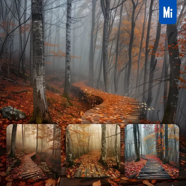 midjourney prompt foggy forest autumn leaves mist tree wooden path photography
