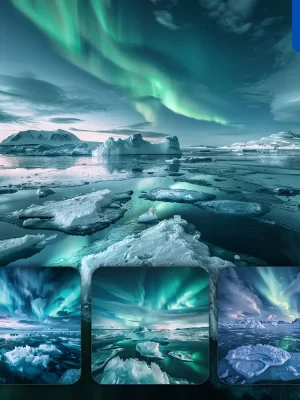 Midjourney Prompt Frozen Arctic Landscape Iceberg Sea Northern Light Sky Landscape Photography