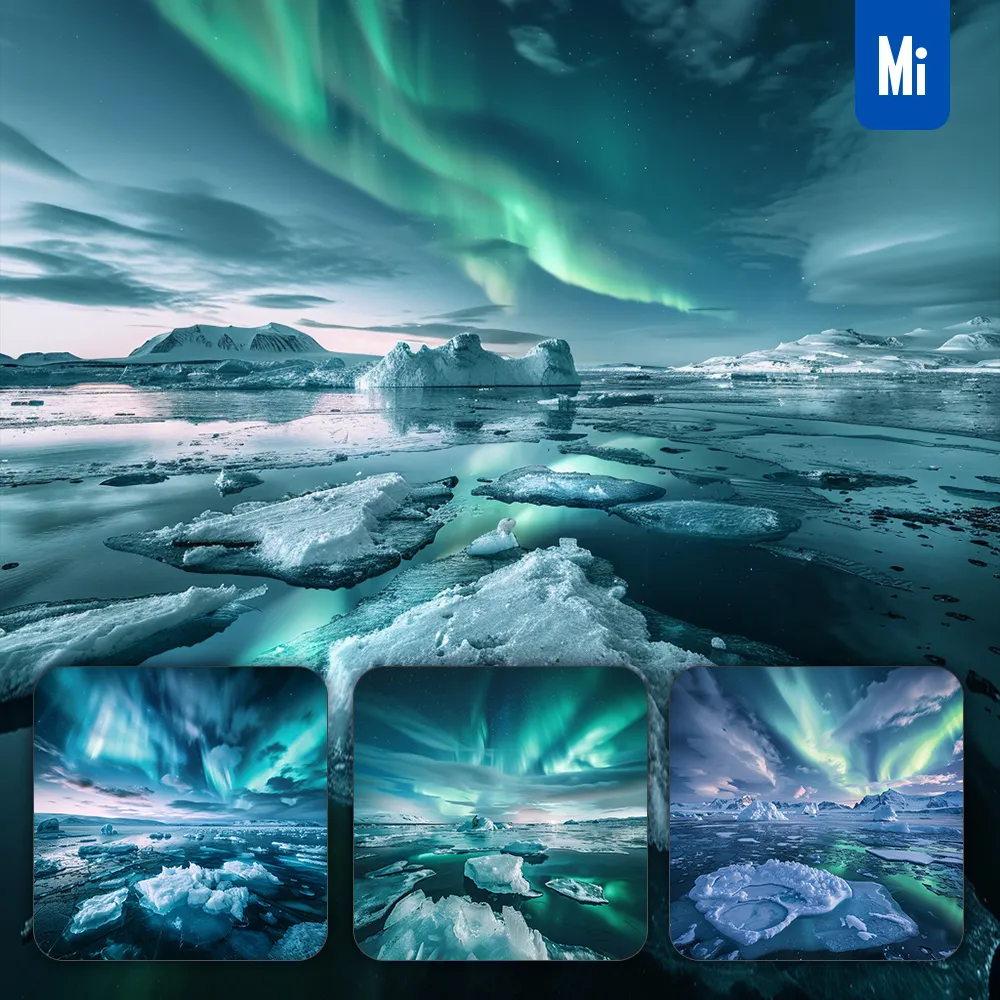 Midjourney Prompt Frozen Arctic Landscape Iceberg Sea Northern Light Sky Landscape Photography