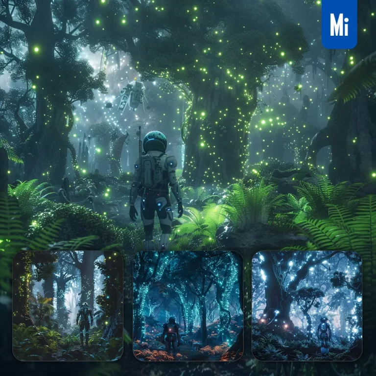 midjourney prompt futuristic forest tree glowing plant sci-fi photography